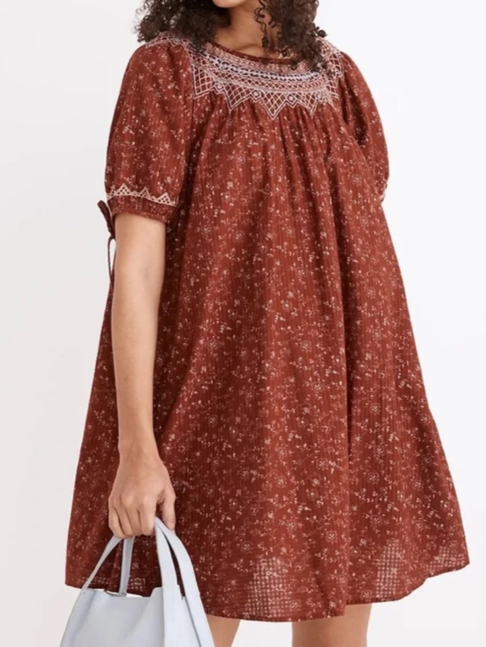 Madewell Women’s 100% Cotton Embroidered Puff & Tie Sleeve Babydoll Dress Size M